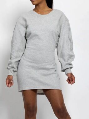 Classic Long Sleeve Sweatshirt Mini Dress - Light Gray Sz Medium Open Back
